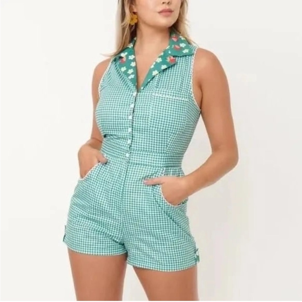 Unique Vintage Plaid Gingham Floral Playsuit Romper